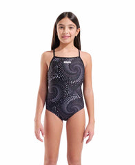 Arena Girls Fireflow Lightdrop Back Swimsuit in black with sleek design, featuring a stylish back cutout and sporty fit.