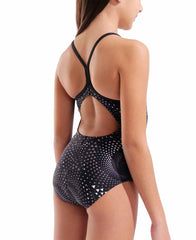 Arena girls Fireflow Lightdrop back swimsuit in black with sleek design, featuring the iconic Arena logo on the front.