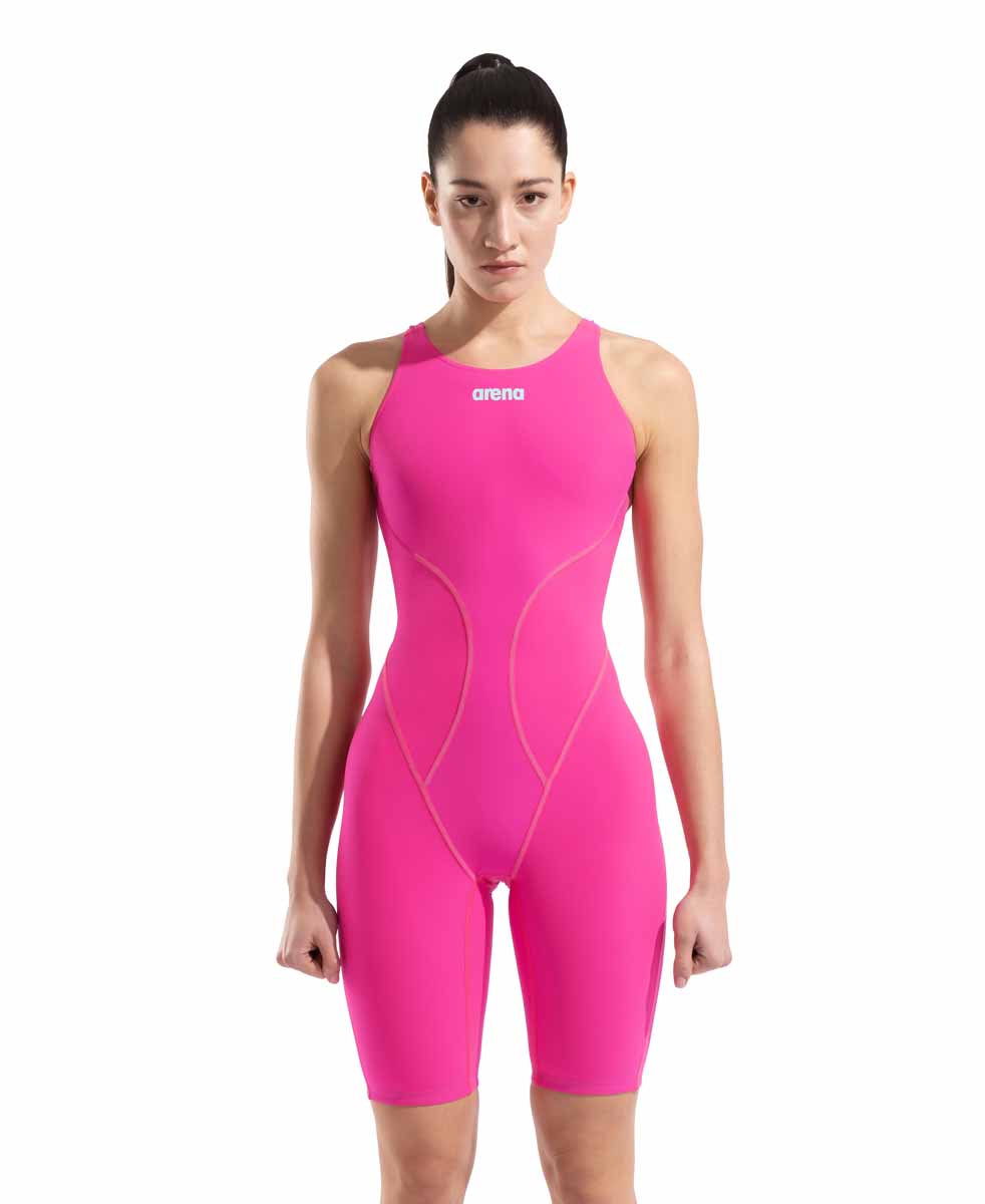 Arena Women's Powerskin Impulso open-back kneesuit in shocking pink and water color, designed for competitive swimming.