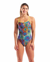Arena women's Garden Booster Back swimsuit in black and multi with supportive design and colorful pattern, suitable for swimming and water activities.