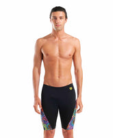 Arena men's garden swim jammer in black and multi-color, featuring a snug fit and vibrant floral design for competitive swimming.