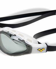 Arena Air Sonic racing goggles in smoke and black with adjustable straps and clear lenses, designed for high-speed sports.