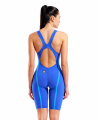Arena Women's Powerskin Veloce Ltd Edition openback kneesuit in Neon Blaze, featuring sleek design and high-performance swimwear details.