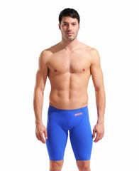 Arena men's Powerskin Veloce Ltd Edition Neon Blaze jammer swimming suit, close-up of vibrant neon orange and black design.
