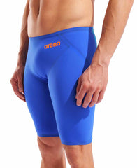 Arena men's Powerskin Veloce Ltd Edition neon blaze jammer swimsuit, close-up of sleek, high-performance swim jammers.