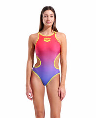 Arena women's Shaded Print Tech swimsuit in bright coral, royal multi, and soft green with a sleek back design.