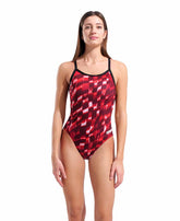 Arena women's Wave Challenge back swimsuit in black and red, featuring a sleek design and supportive fit for competitive swimming.