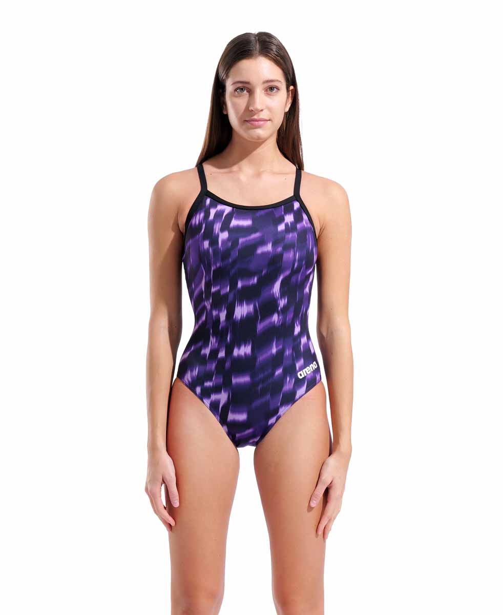 Arena women's Wave Lightdrop back swimsuit in black and team purple, featuring sleek design and supportive fit.