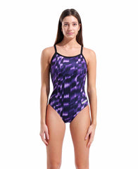 Arena women's Wave Lightdrop back swimsuit in black and team purple, featuring sleek design and supportive fit.