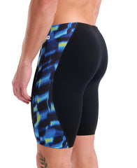 Arena men's Wave Aqua Gleam swim jammer in black and multi-color design, featuring a sleek, fitted swimwear style for competitive swimming.
