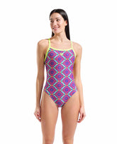Arena women's floral challenge back swimsuit in violet multi and artic lime, featuring a vibrant, patterned swimwear design.