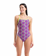 Arena women's floral challenge back swimsuit in violet multi and artic lime, featuring a vibrant, patterned swimwear design.