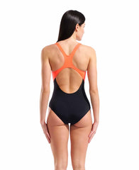 Arena women's Jellyfish Swim Pro Back swimsuit in black, multi, and bright coral, featuring a sleek design and supportive fit.