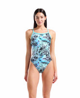 Arena Women’s Earth View X criss-cross back swimsuit in water multi, featuring a stylish water-inspired design and supportive fit.