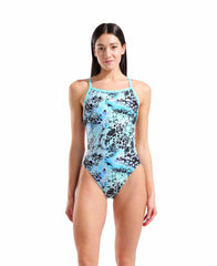 Arena Women’s Earth View X criss-cross back swimsuit in water multi, featuring a stylish water-inspired design and supportive fit.