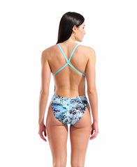 Arena women's Earth View X criss-cross back swimsuit in water multi-color, featuring a stylish design and supportive fit.