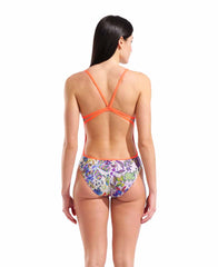 Arena women's painting lace back swimsuit in bright coral, featuring a colorful, stylish design and comfortable fit.