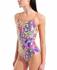 Arena women's painting lace back swimsuit in bright coral and multicolor, with a stylish lace back design and sleek fit.
