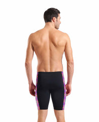 Arena men's floral swim jammer in black with water-themed multicolor floral pattern, designed for competitive swimming.