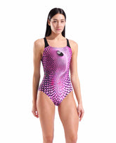 Arena women's Peacock Swim Pro Back swimsuit in pink and black, with a stylish design and supportive fit for swimming.