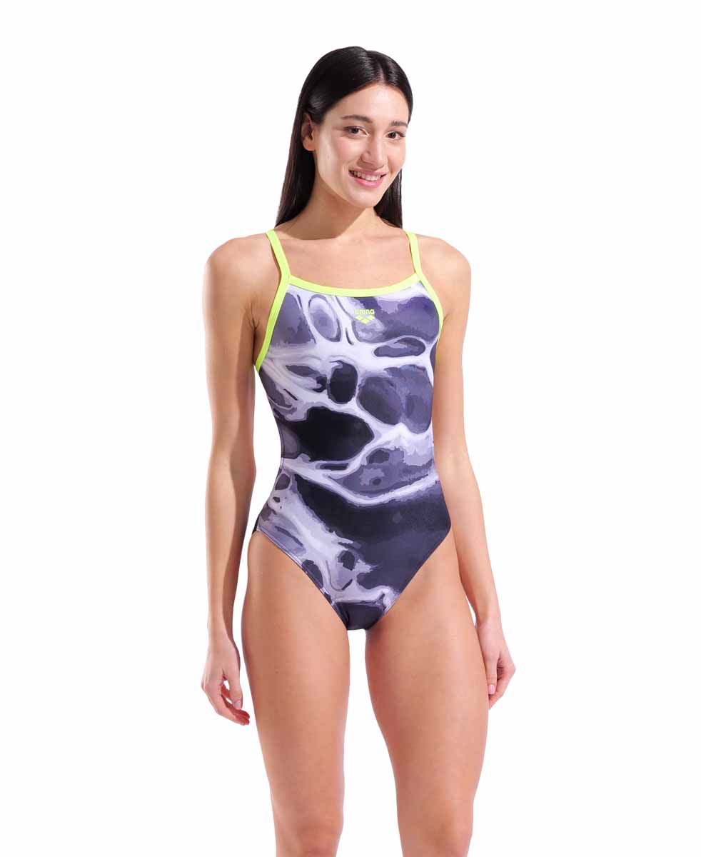 Arena women's Earth Challenge back swimsuit in black, multi-colored design with lime accents, featuring a sporty back style.