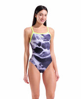 Arena women's Earth Challenge back swimsuit in black, multi-colored design with lime accents, featuring a sporty back style.
