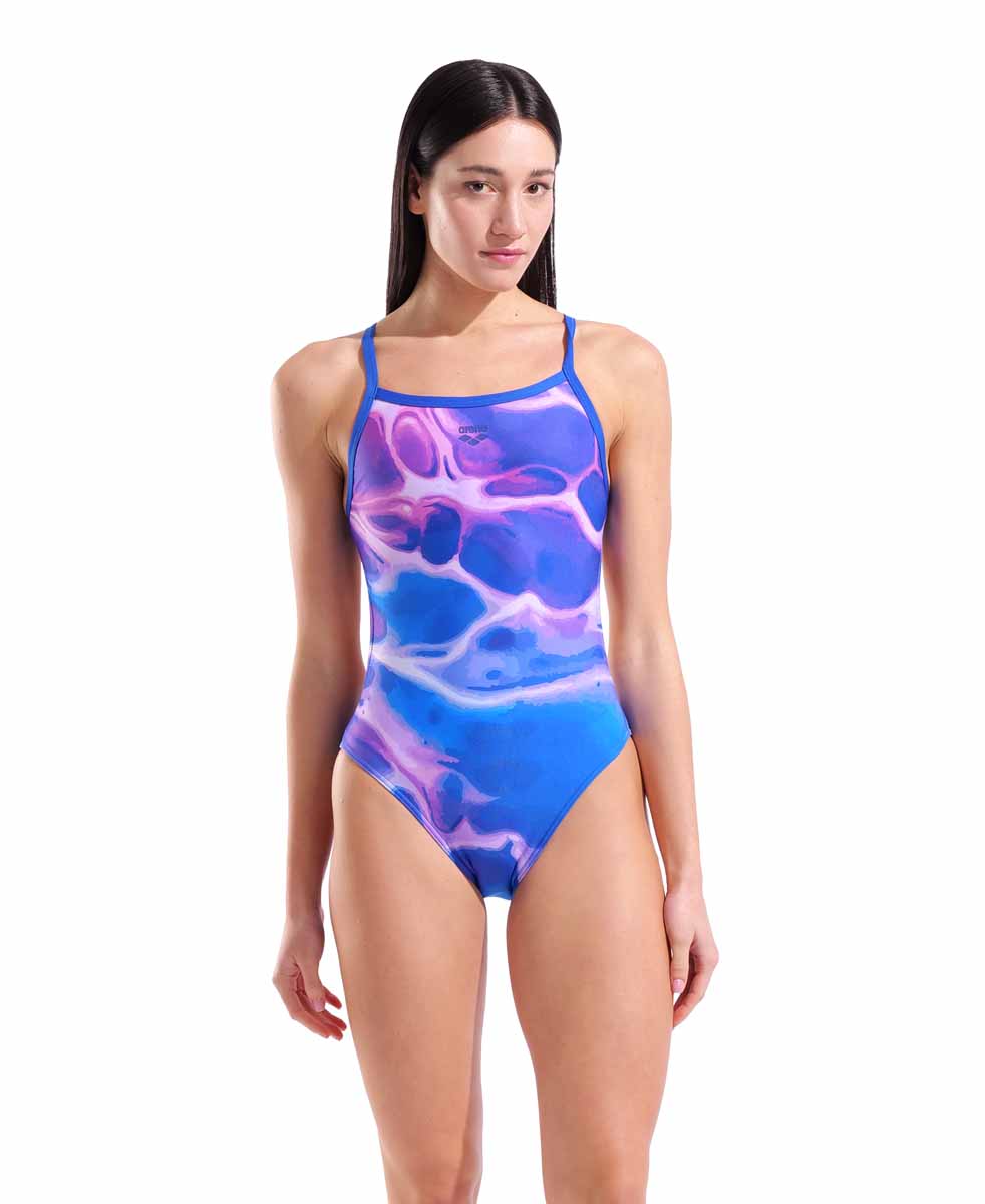 Arena women's Earth Challenge back swimsuit in neon blue multi, featuring a sporty design and open back for active swimming.