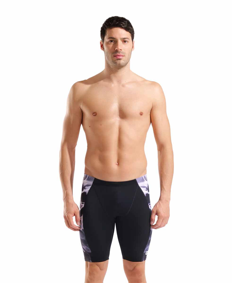 Men's Arena Earth swim jammer in black and black multi, featuring a streamlined fit and durable fabric for competitive swimming.