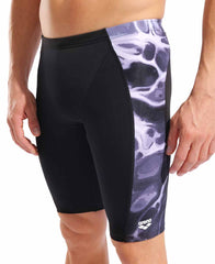 Black and multi-colored Arena men's Earth swim jammer showing a fitted, streamlined design for competitive swimming.