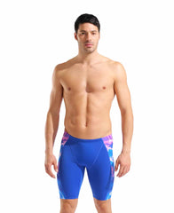 Arena men's Earth swim jammer in neon blue with multicolor accents, fitted for competitive swimming and training.