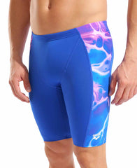 Arena men's Earth swim jammer in neon blue with multi-colored detailing, designed for competitive swimming.