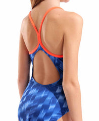 Arena girls' Wave Lightdrop back swimsuit in bright coral and team royal, featuring a stylish design and comfortable fit.