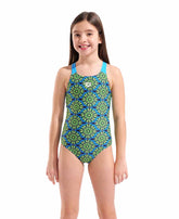 Arena girls floral swim pro back swimsuit in green multi and turquoise with vibrant floral pattern, ideal for swimming and water activities.
