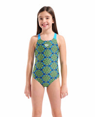 Arena girls floral swim pro back swimsuit in green multi and turquoise with vibrant floral pattern, ideal for swimming and water activities.