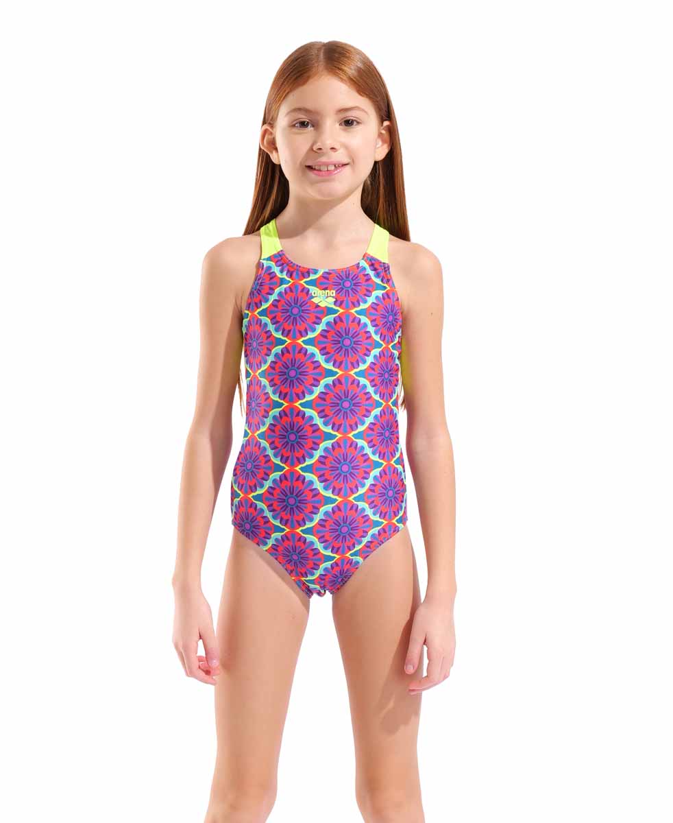 Arena girls' floral swim pro back swimsuit in violet multi and artic lime, featuring a vibrant floral pattern and comfortable fit.
