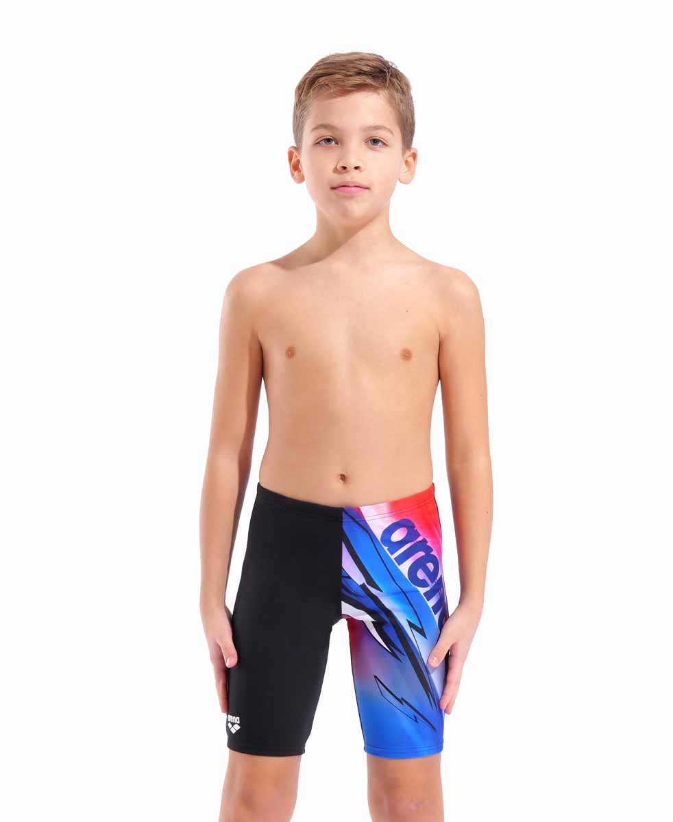 Black and multi-colored Arena boys' loud swim jammer with a fitted design, suitable for competitive swimming.