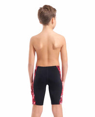 Black and red Arena boys' wave swim jammer with sleek design, made for competitive swimming and training.