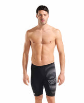 Black and white Arena men's distortion swim jammer, fitted with a sleek, streamlined design for competitive swimming.
