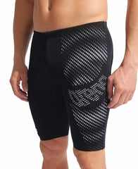 Arena men's black and white distortion swim jammer, form-fitting swimwear with sleek design and elastic waistband for competitive swimming.