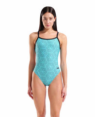 Arena women's allover challenge back swimsuit in water maze pattern, limited edition, featuring vibrant swimwear design.