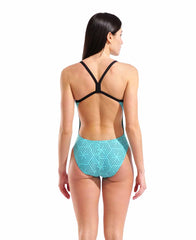 Arena women's allover challenge back swimsuit in water maze pattern, limited edition, stylish swimwear with vibrant design.