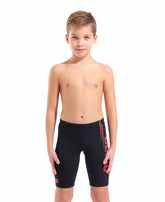 Arena boys' black and bright coral swim jammer, athletic swimwear designed for young swimmers, with a sleek and comfortable fit.
