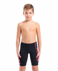 Arena boys' black and bright coral swim jammer, athletic swimwear designed for young swimmers, with a sleek and comfortable fit.