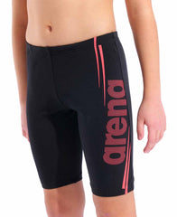 Arena boys' black and bright coral swim jammer, fitted swimwear with bold design for competitive swimming and training.