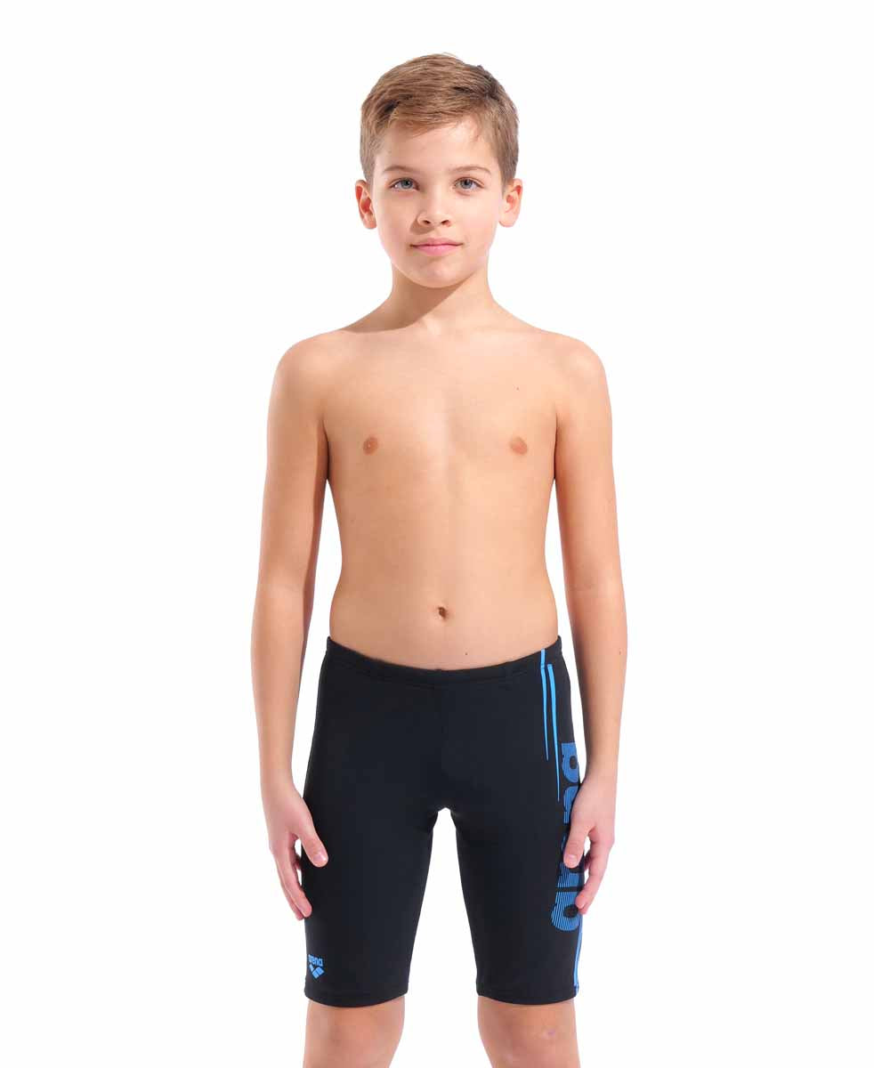 Black and turquoise Arena boys' swim jammer with bold design, made for competitive swimming and comfortable fit.