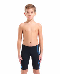 Black and turquoise Arena boys' swim jammer with bold design, made for competitive swimming and comfortable fit.