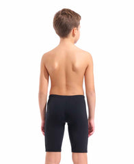 Arena boys' black and turquoise swim jammer, made for competitive swimming, featuring a snug fit and bold design.