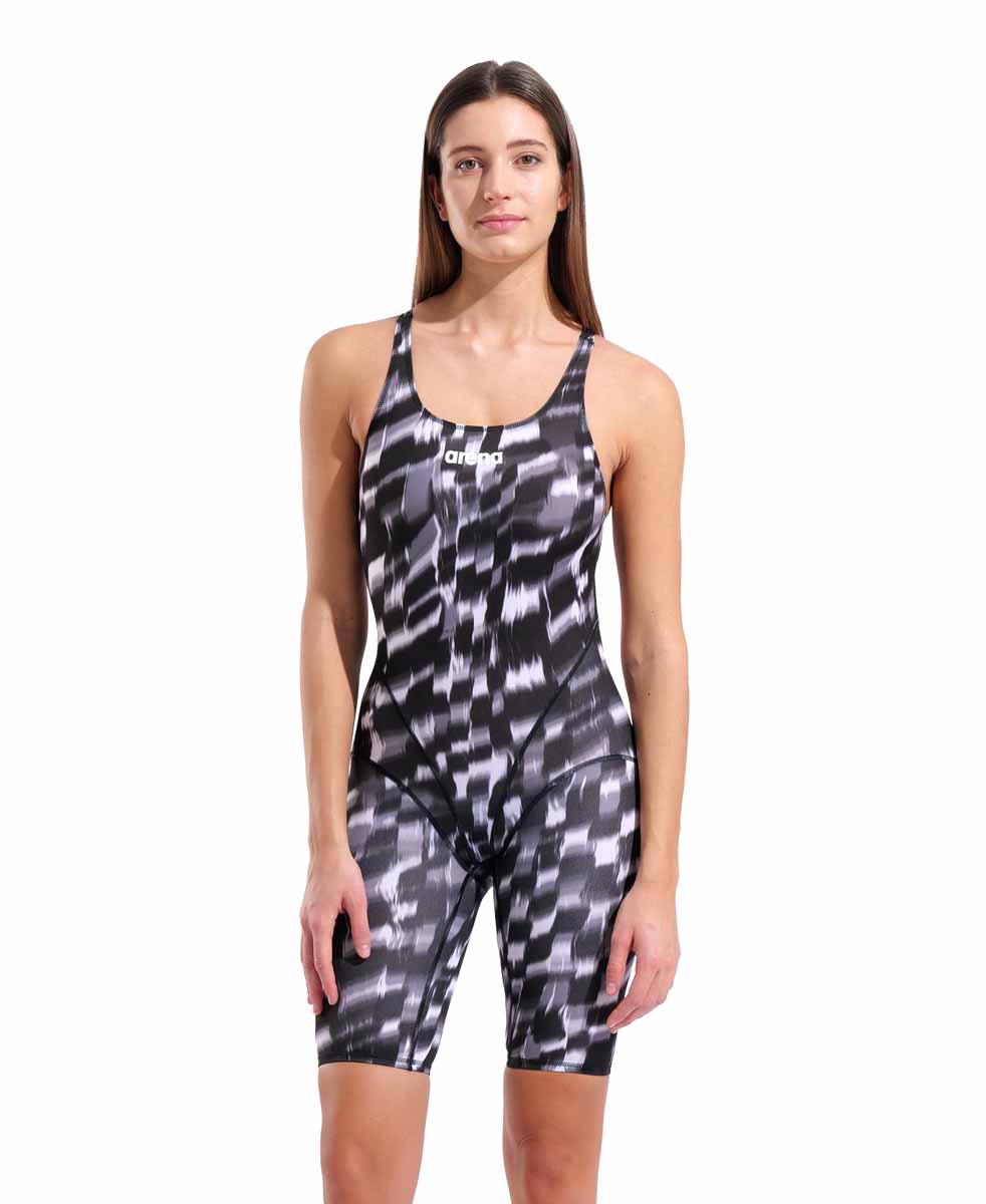 Arena women's Wave full body swimsuit, black knee suit for women, designed for competitive swimming and training.