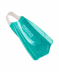 Arena Powerfin Pro Flex fins with shimmered water design, showcasing sleek, flexible swim fins for training and performance.