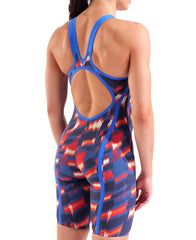 Arena Women’s Powerskin Air 3 open back kneesuit in aqua gleam limited edition red, white, and blue with sleek fabric and open back design.